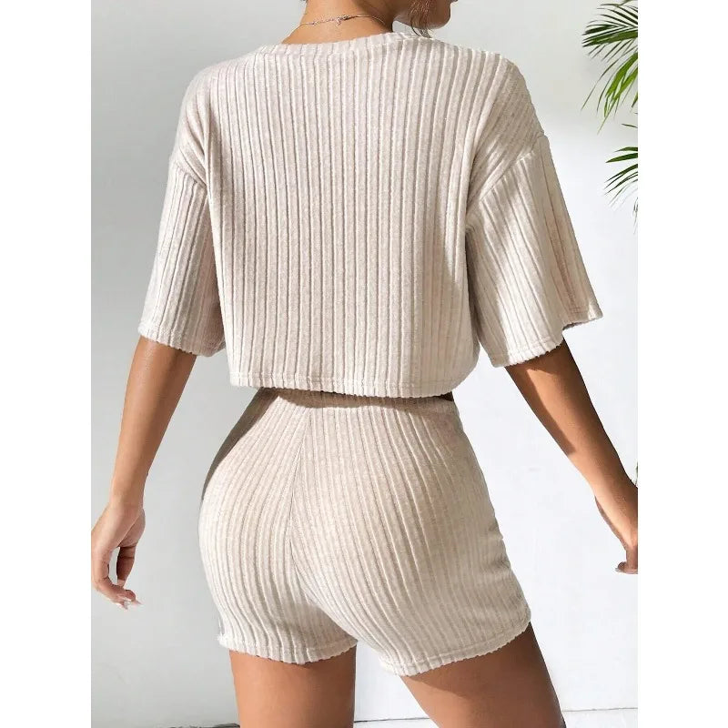 Stretchy Solid Cropped Crew Neck T-Shirt Top + Short Sets