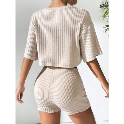 Stretchy Solid Cropped Crew Neck T-Shirt Top + Short Sets