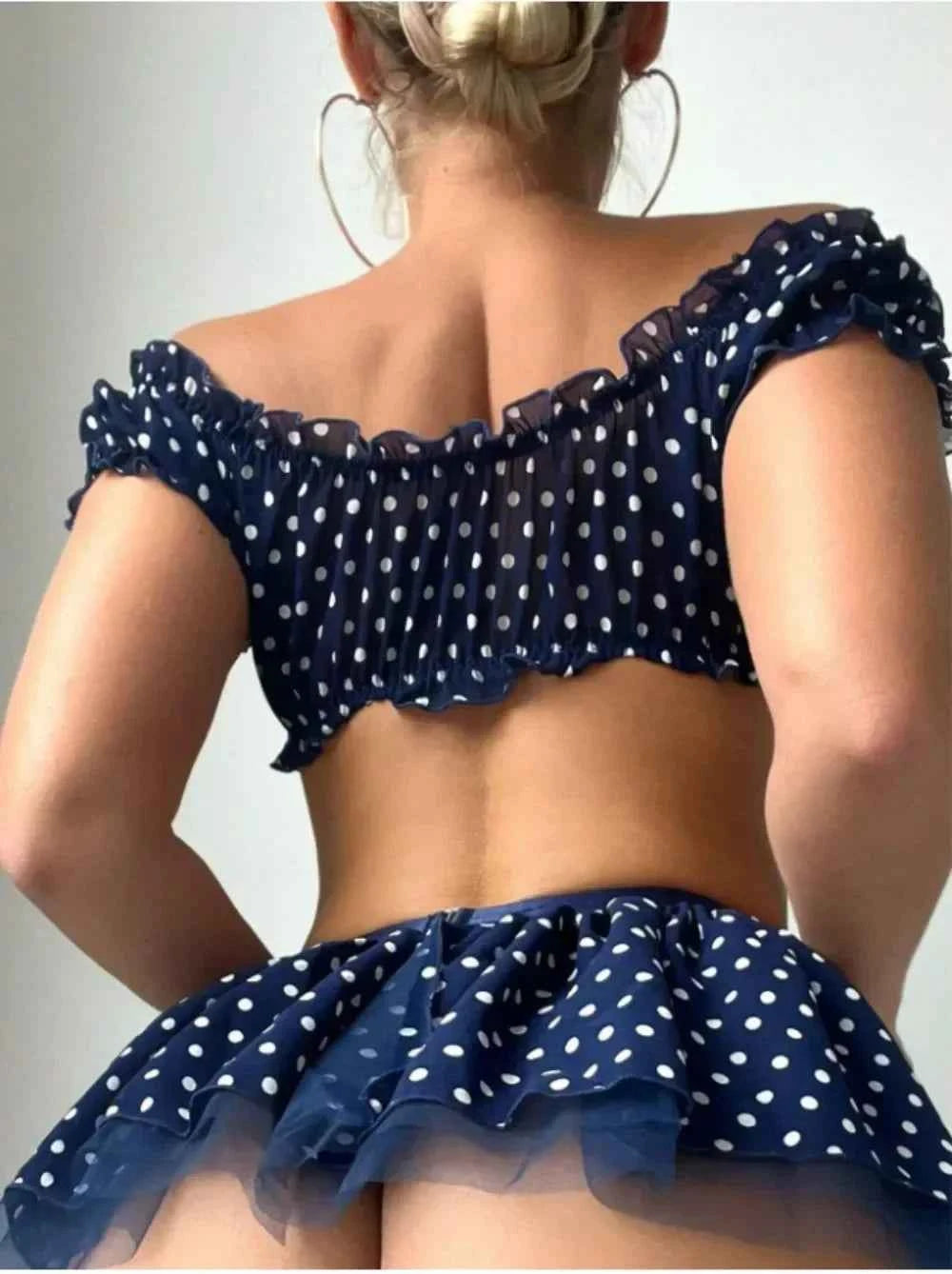 Erotic Short Skirt with Garter Straps Polka Dot + Off Shoulder Puffy Polka Bra Set