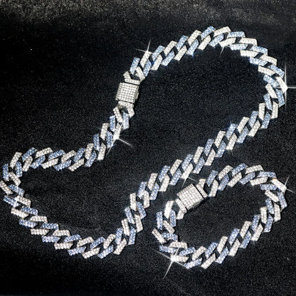 2PCS Hip Hop Cuban Blue White Chain Bracelet + Necklace Men/Women Gifts Every Day Wear Exquisite Punk Style Jewelry