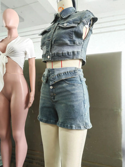 Single-Breasted Pocket Tank Tops + Lapel Short Sets