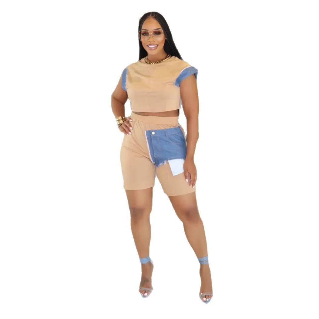 Patchwork T-shirt + Shorts Active Two Piece Sets