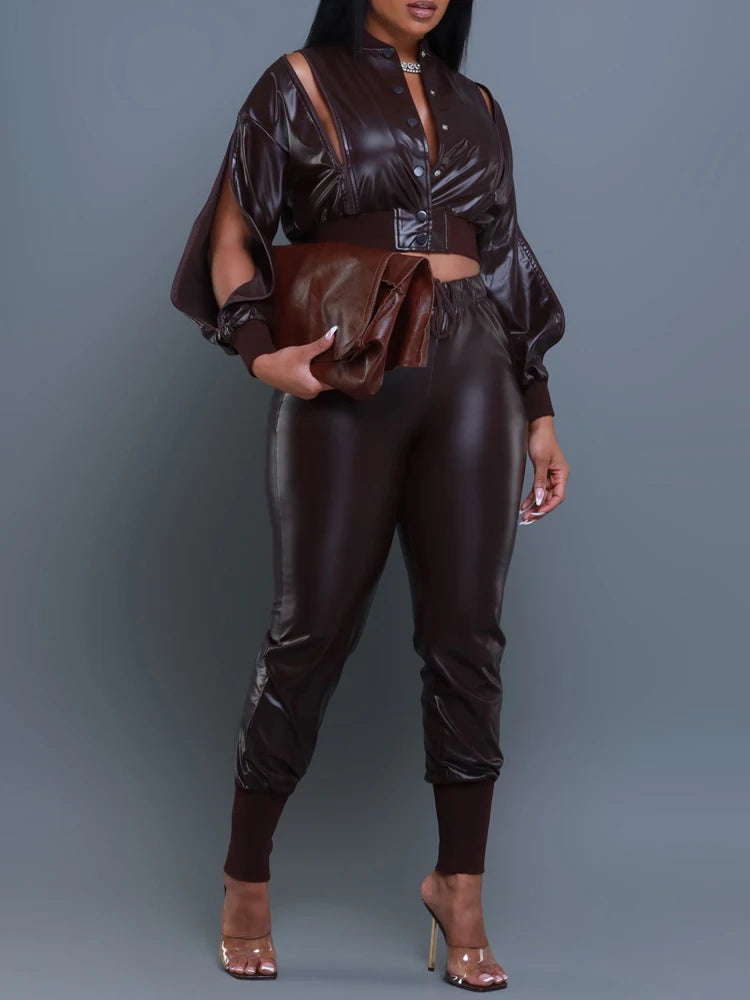 Joselin Latest Fashion Trend Outfits Leather 2 Piece Jogger Set