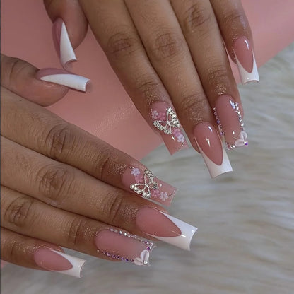 24Pcs White French False Nails Long Coffin Flower Butterfly with Rhinestones French Design Wearable Fake Nails Press on Nails