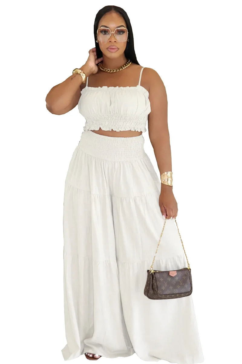 Solid Color Spaghetti Strap Tube Top + Wide Leg Pants