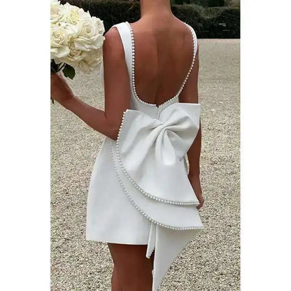 Bow Pearl Backless Elegant Waist Wrap A-line Dresses