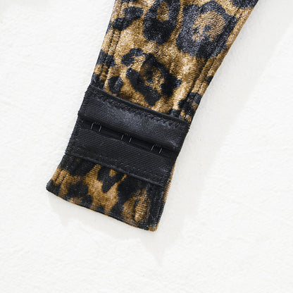 Leopard Print Bodysuit + Gloves + Leggings Backless Deep V Suspenders Sleeveless Bodysuits Thin 3X4C