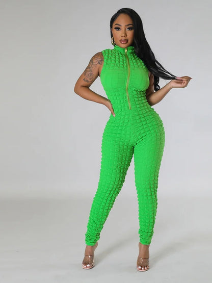 Sleeveless Popcorn Bubble Fabric Front Zipper Jumpsuits