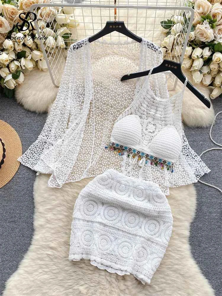 Halter Sleeveless Mini Camis + Hollow Out Cardigan + Elastic Waist Slim Skirt Vintage Swim Sets