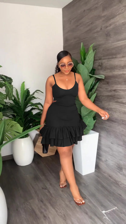 European and American Fashion Sling Low-cut Ruffled Mini Dress