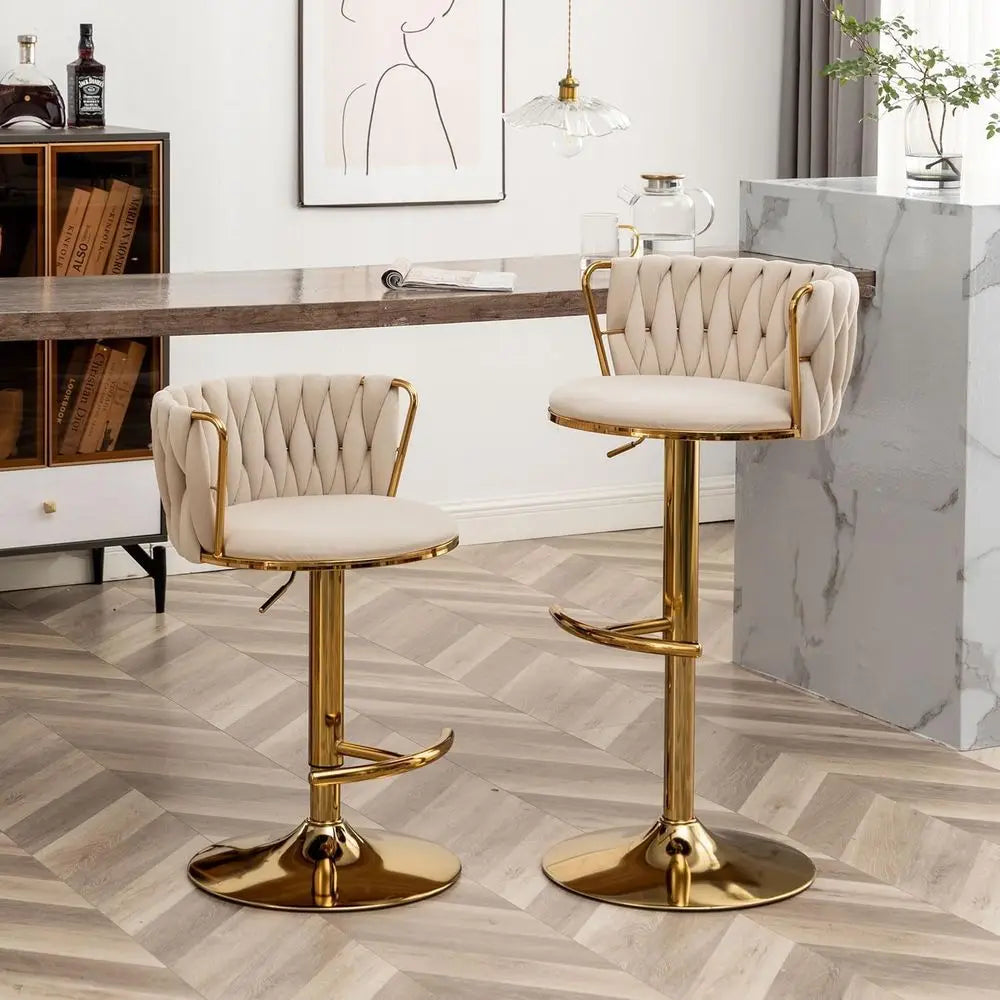 Set of 3 Beige Velvet Swivel Bar Stools, Adjustable Counter Height with Back, Ideal for Kitchen Island, Pub, Customized Furniture