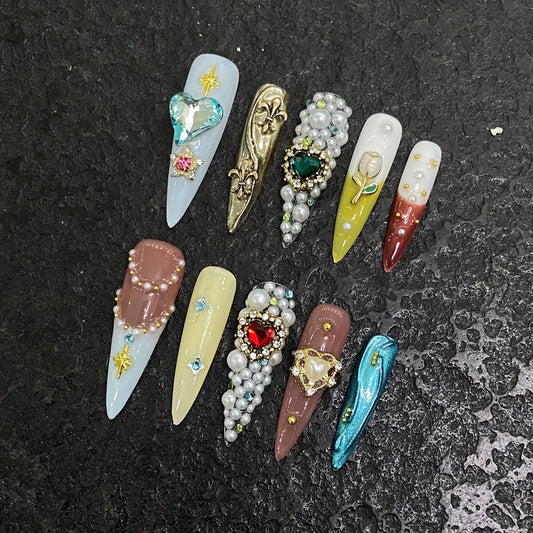 Macaron Palace Fairy Tale Dream Press On Nails Extra Long Stiletto 3D Pearl Cluster Vintage Crystal Metal Embossment Heavy Duty