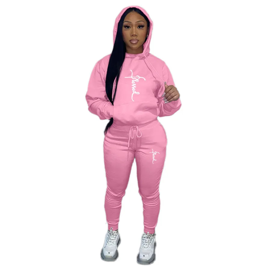 Lady Hoodies Set Fashion 2 Piece Set PINK Letter Print Hooded Sweatshirt And Skinny Stacked Pants Set Sporty Outfit Tracksuit