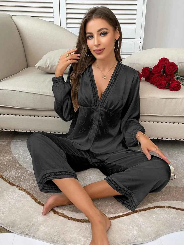 Satin Trousers + V-Neck Comfortable Jacquard Pajama Sets