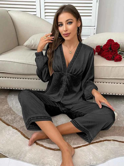Satin Trousers + V-Neck Comfortable Jacquard Pajama Sets