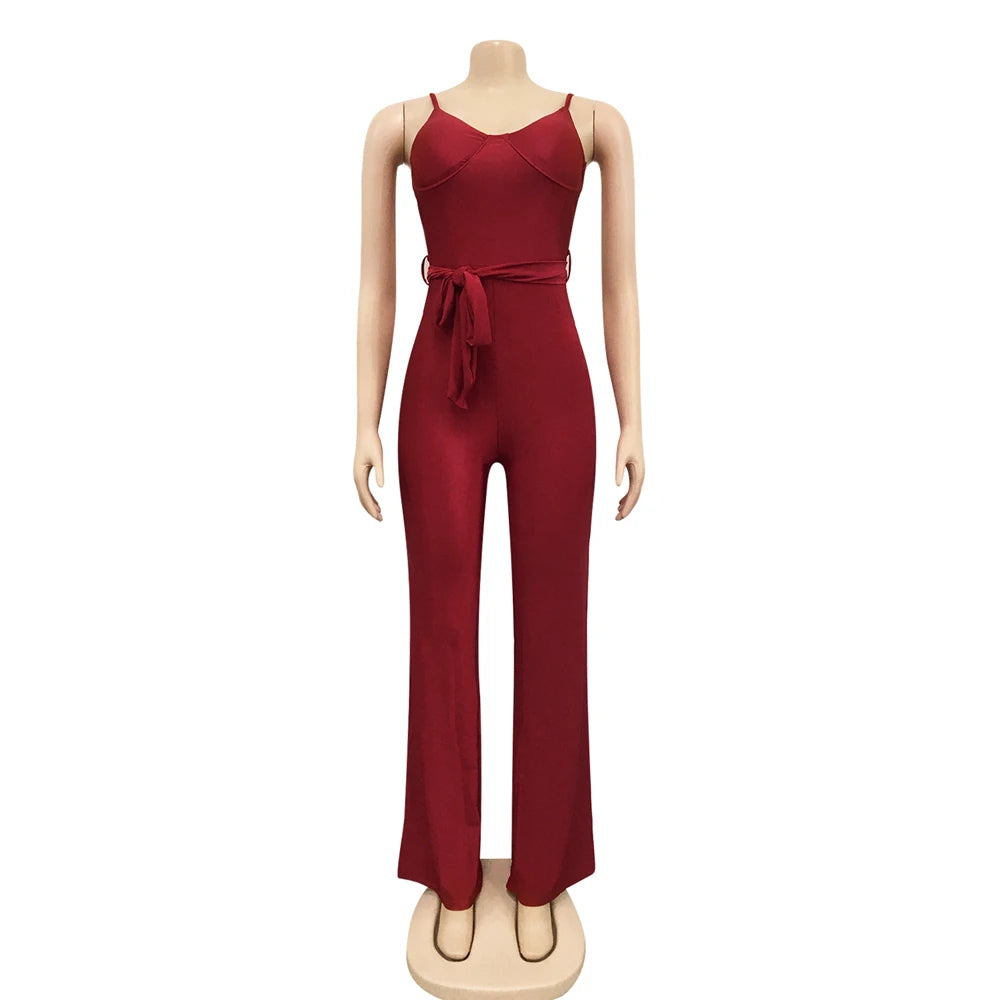 Rachel High Waisted Wide Leg Pants One Piece Sleeveless Jumpsuit with Belt