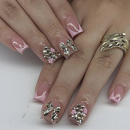 24PCS Short Square Fake Nails Sweet Pink Lips with 3D Bowknot Diamonds French Press on Nails Full Cover Detachable Nail Tips Art