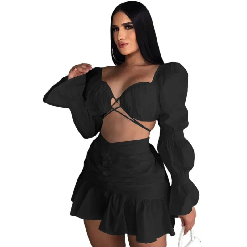 Angel V Neck Crop Top Ruffle Skirt +Top Set