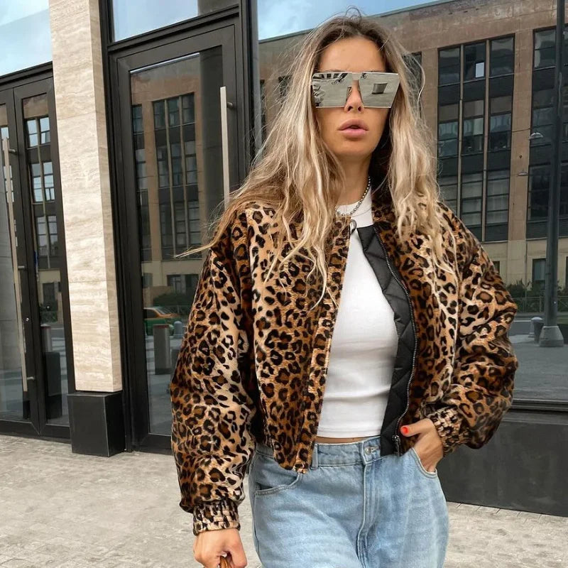 Vanity Leopard Print Zipper Long Sleeve Cropped Coat