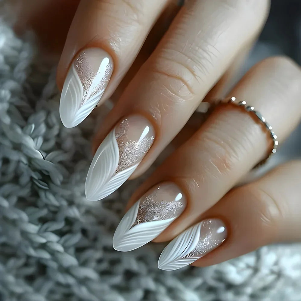 24Pcs Autumn Winter Matte Almond False Nails with Glue Rose Leaf Printing Nail Art Simple Full Cover Press on Acrylic Nails Tips