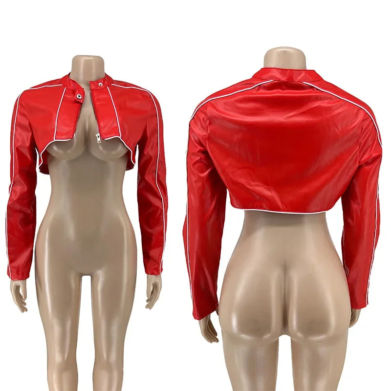 Page PU Faux Leather Cropped Long Sleeve Zipper Short Jacket