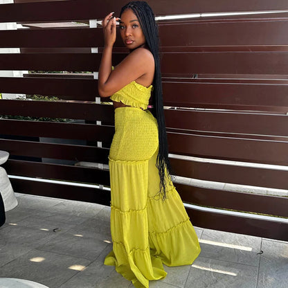 2pc Boho Ruffled Strapless Crop Tube Top + Wide Leg Pants Suit