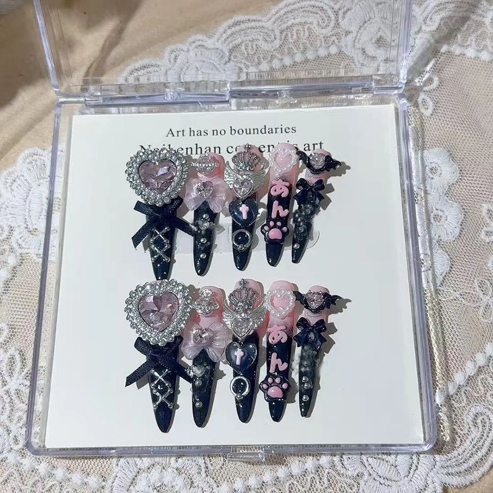 3D Handmade Long Coffin Stiletto Fake Nail Flowers Cat's Heart Diamond Metal Bow