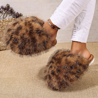 Faux Fur Leopard Pattern Soft Sole Indoor Ladies Shoes