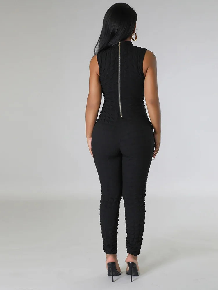 Sleeveless Popcorn Bubble Fabric Front Zipper Jumpsuits