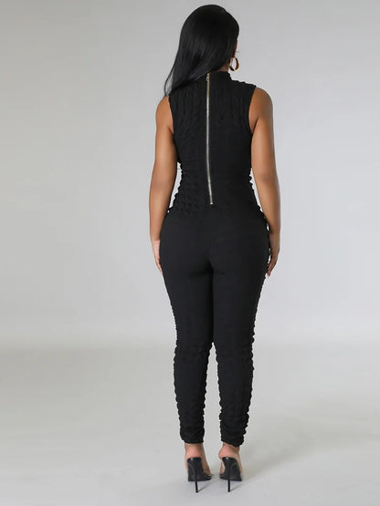 Sleeveless Popcorn Bubble Fabric Front Zipper Jumpsuits