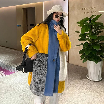 Winter Faux Fur Jackets for Women Furry Warm Splicing Contrast Color Blue Faux Fur Coat Long Jacket Cardigan Women