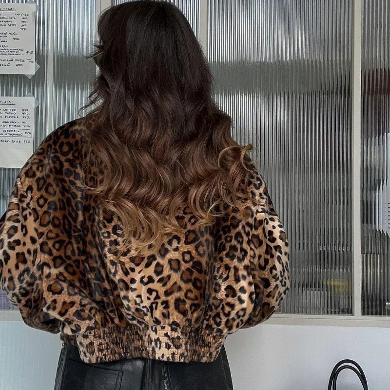 Vanity Leopard Print Zipper Long Sleeve Cropped Coat