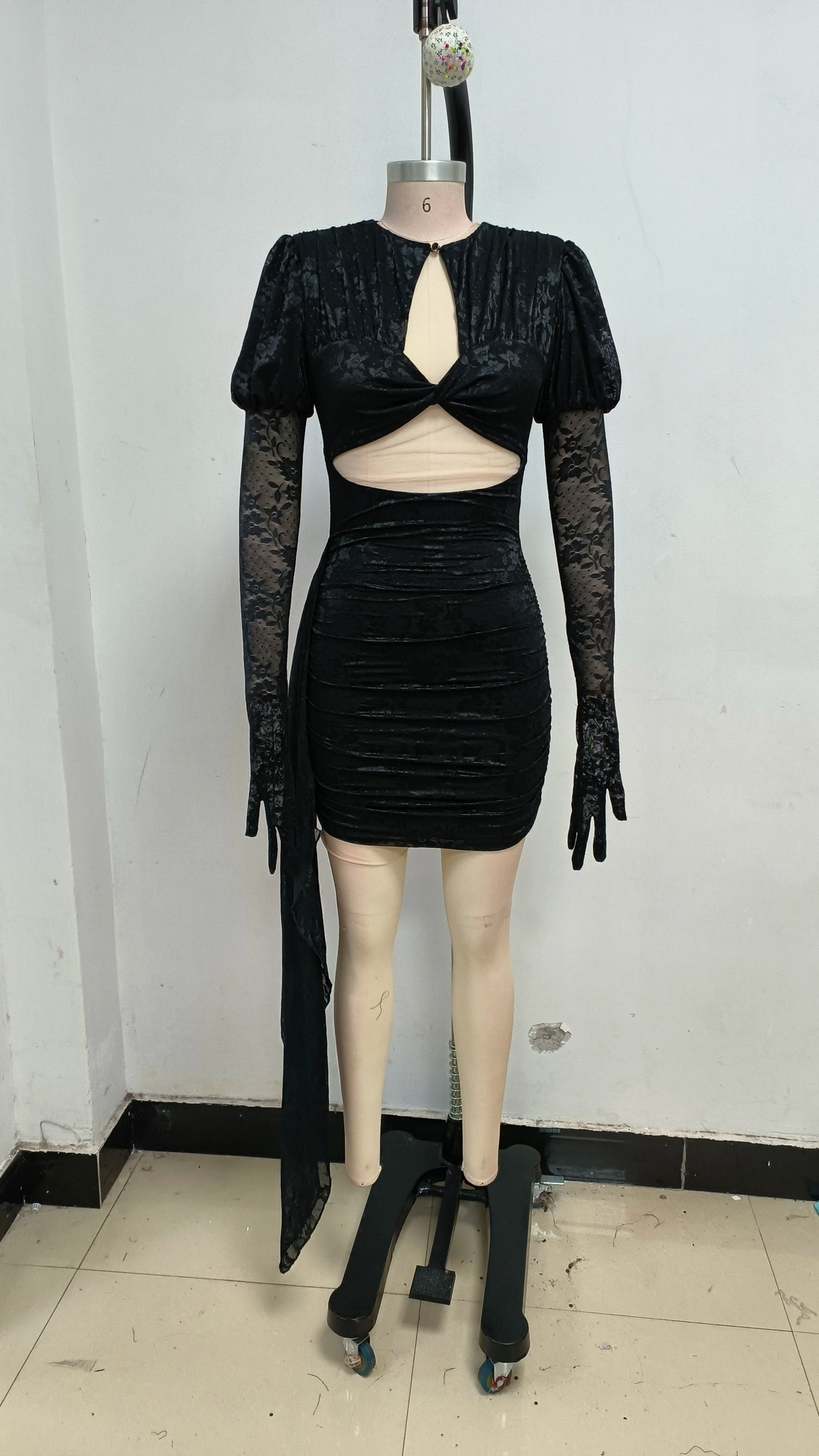 High Quality Lace Draped Bodycon Mini Dress + Gloves