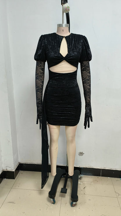 High Quality Lace Draped Bodycon Mini Dress + Gloves