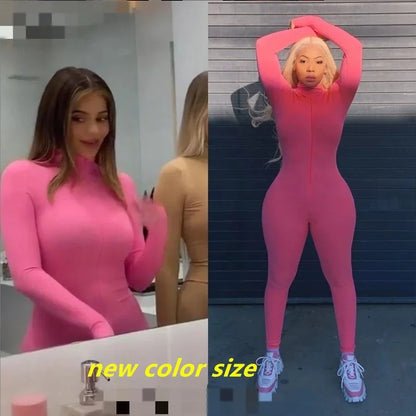 Zipper Jumpsuit Women Embroidery Letter Print Workout Sportswear Female Outfit Skinny Solid Turtleneck Streetwear