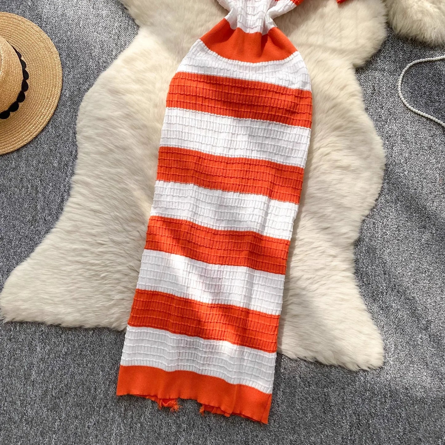 Chic Knitted Slim Waist Office Lady Sweater Maxi Dresses