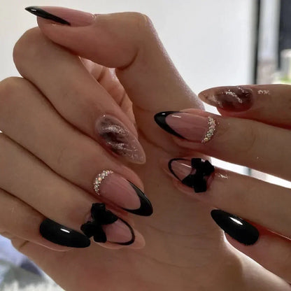 24pcs French Almond Press on Nails Leopard Print False Nails 3D Bow Wearable Stick-on Nails Fake Nail Uñas Накладные Ногти 네일팁