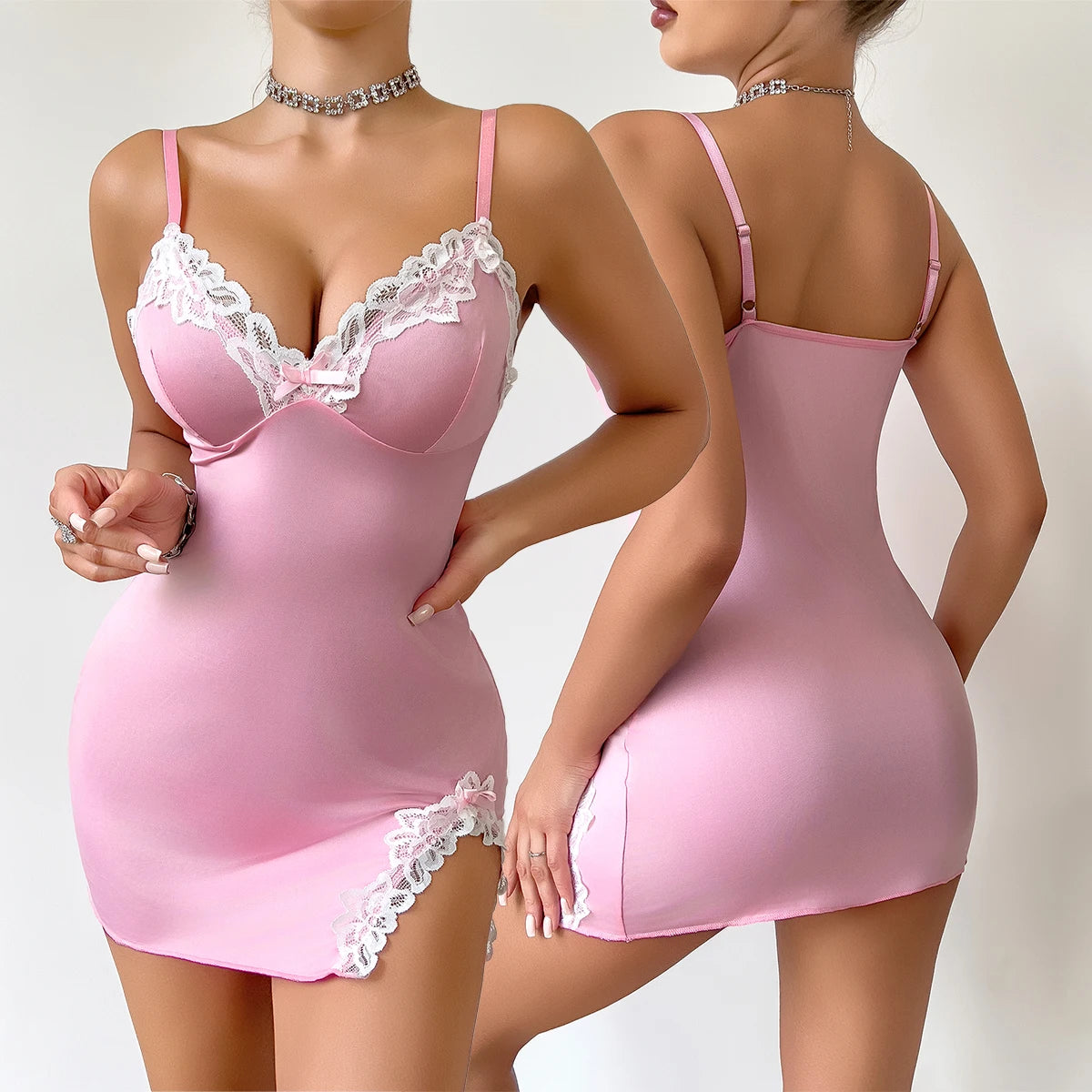 Pink Deep V Lace Lingerie Nightgown