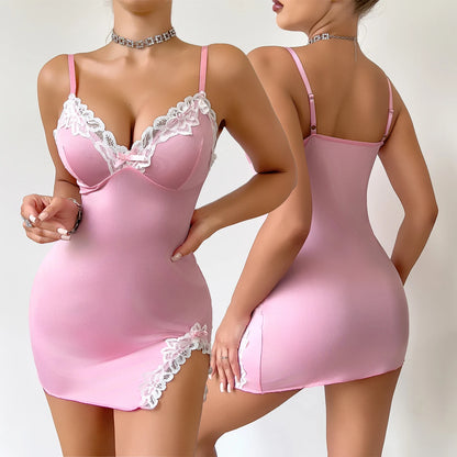 Pink Deep V Lace Lingerie Nightgown