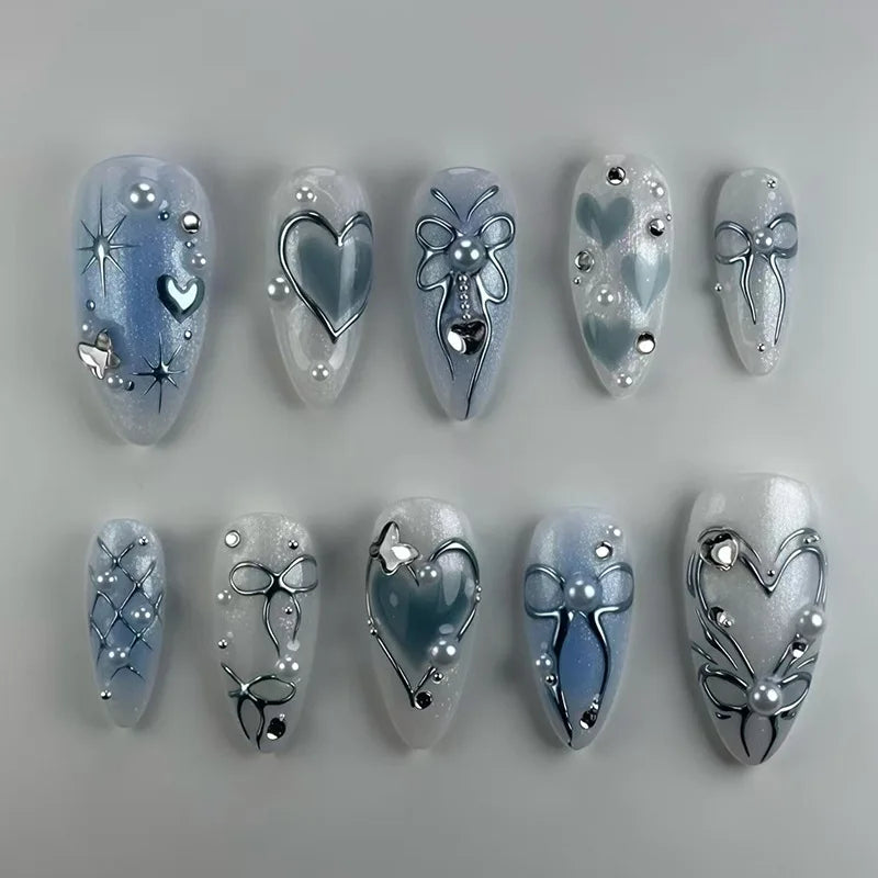 24Pcs 3D Green Ripple Design False Nails Cat's Eye French Almond Fake Nail Tips Leaves Pattern Removable Oval Press on Nails