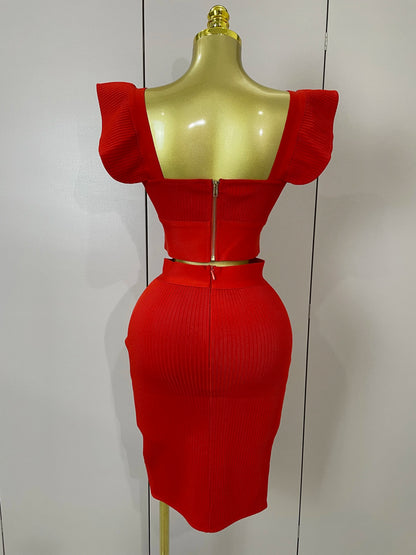 Celebrity Ruffles Red Bandage Skirt Sets