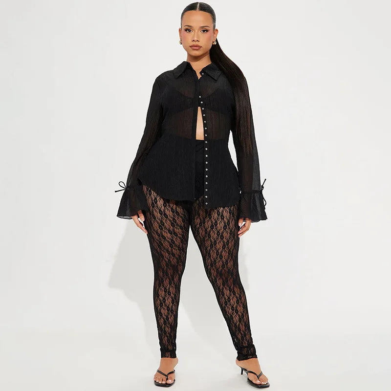 Joskaa Women's Jacquard  Lace Leggings Patchwork Sexy See Through High Waist Pencil Pants Female Bottoms Midnight Party Clubwear