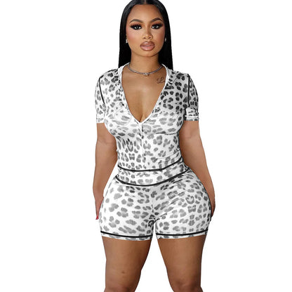 Leopard Short Sleeve Crop Top + Short Sets