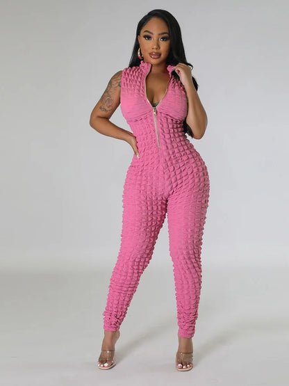 Sleeveless Popcorn Bubble Fabric Front Zipper Jumpsuits