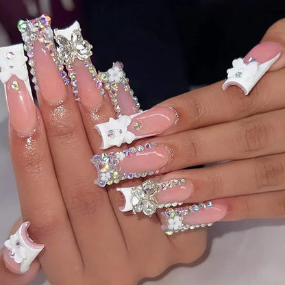 24Pcs Blue Long False Nails Butterfly Ballet French Cartoon  Wearable Fake Nails Full Cover Design Press on Nails Tips Art