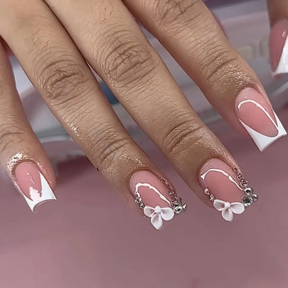 24pcs Mid-length Press on Nails Pink French Full Cover Flower Design Fake Nail Reusable Pearl False Nail with Jelly Glue Nails