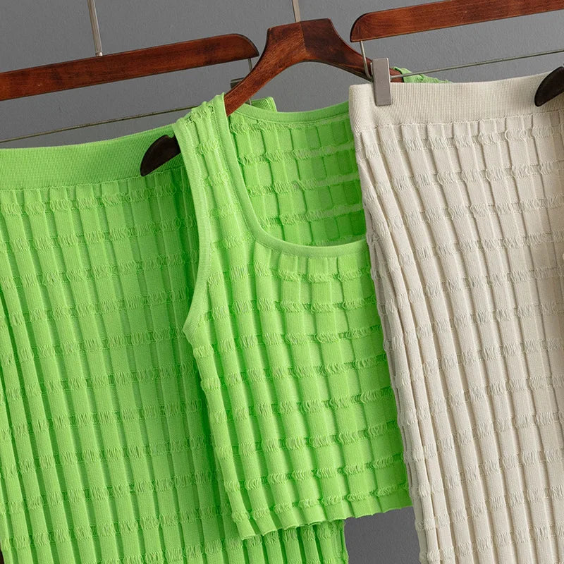 Knit Long Skirts + Straight Casual Spliced Round Neck Vest Sleeveless Tanks Sets