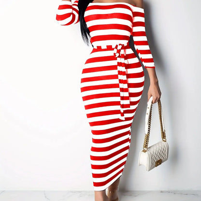 Stripe Slash Neck Three Quarter Pencil Dresses