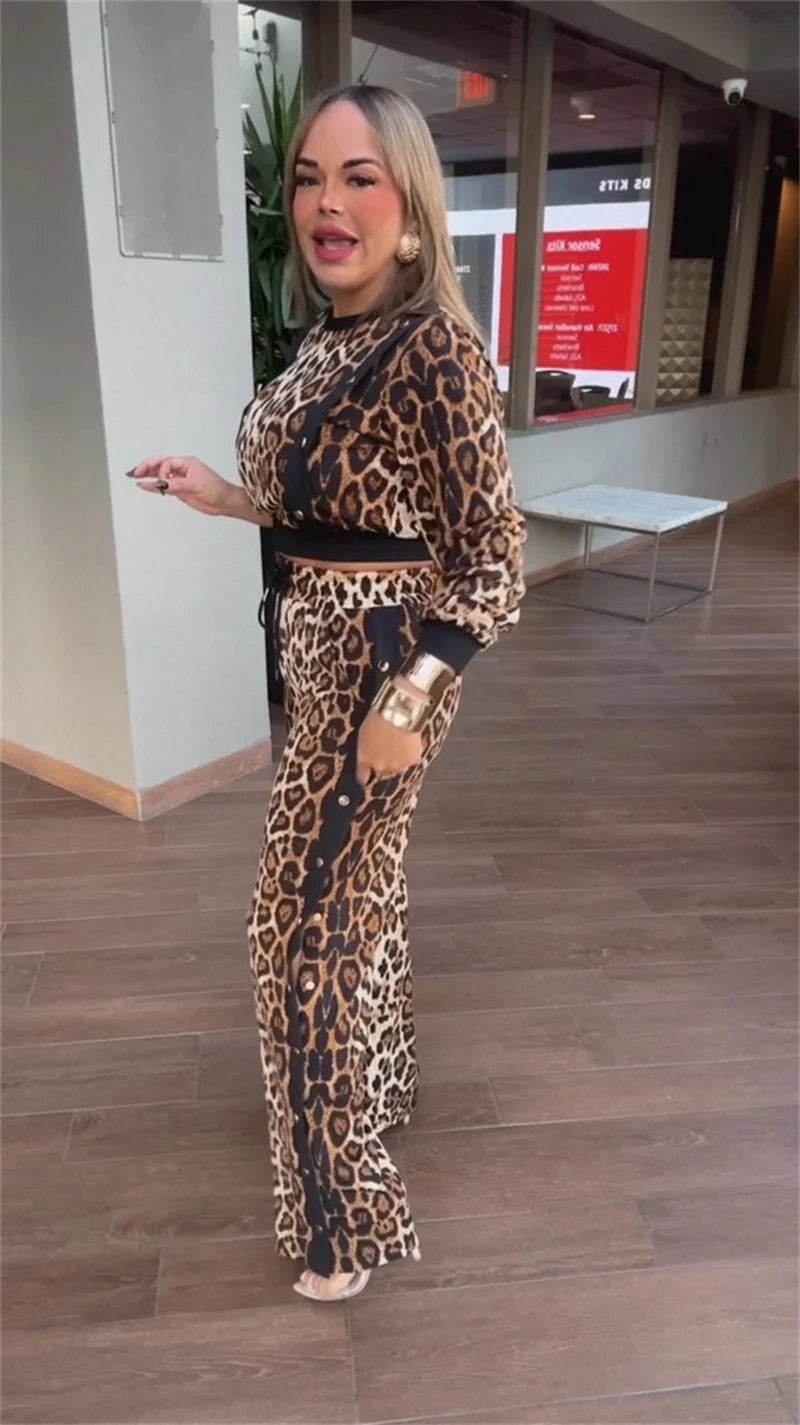 Leopard Print O-neck Top + Split Pants Matching Sets