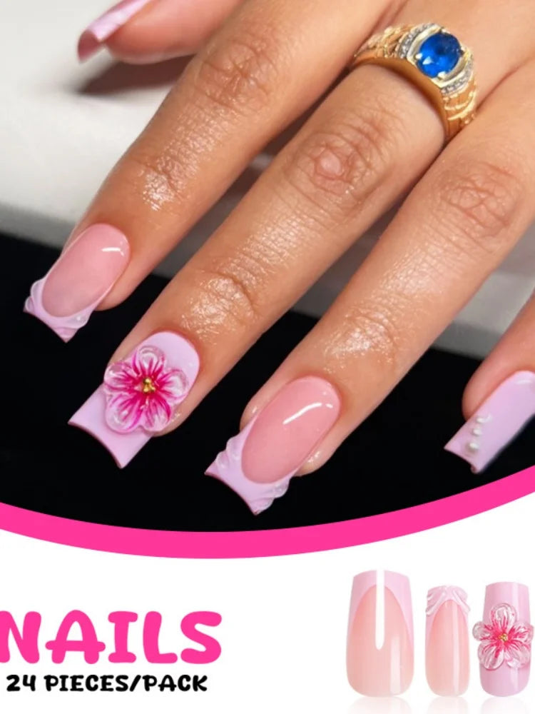 24pcs Long Ballet Fake Nail Tips Wearable Gradient Pink French Press On Nails With 3D Carving Flower Designs Sweet False Nails